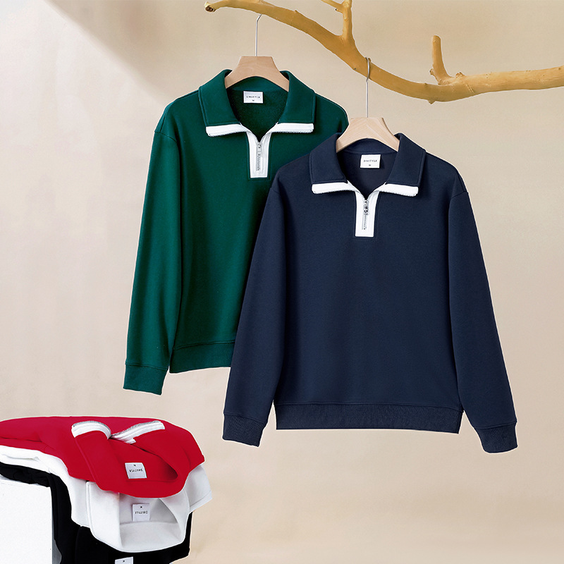 Otoño e invierno peinado algodón collar camisa cultural de manga larga camisa publicitaria ropa de clase semi-cremallera suéter personalizada ropa de trabajo impresa logotipo