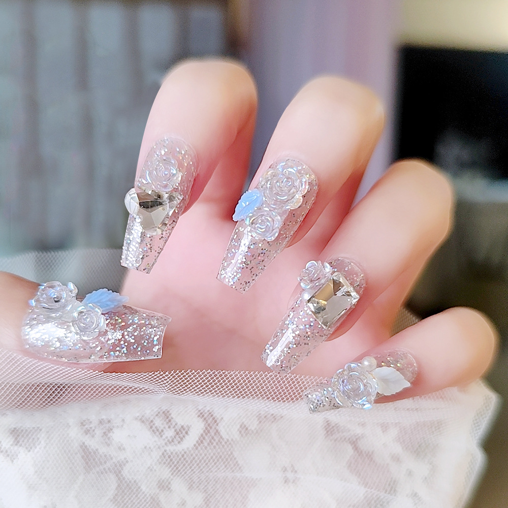 10 piezas decodificadas flash camellia manicure amor tridimensional diamante trapezoidal uña fototerapia manual desgaste uña pieza de uñas