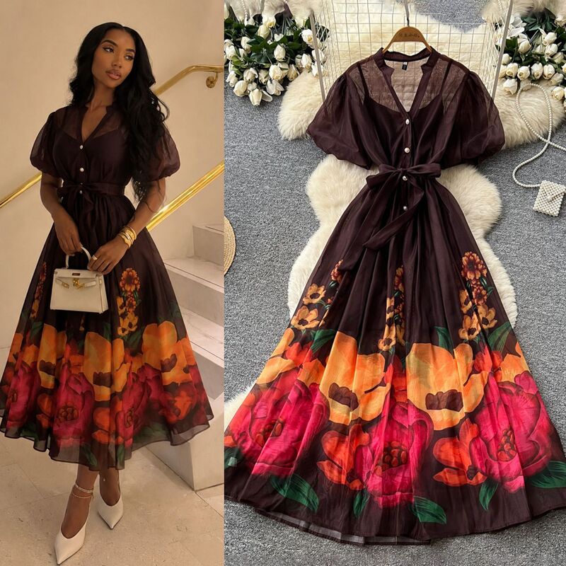 French resort-style V-neck puff sleeve floral print dress for women, summer light mature style, waist-cinching long skirt with a large hem