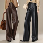 绵羊皮阔腿裤2025春秋长款垂感修身直筒裤高腰显瘦休闲裤时尚皮裤