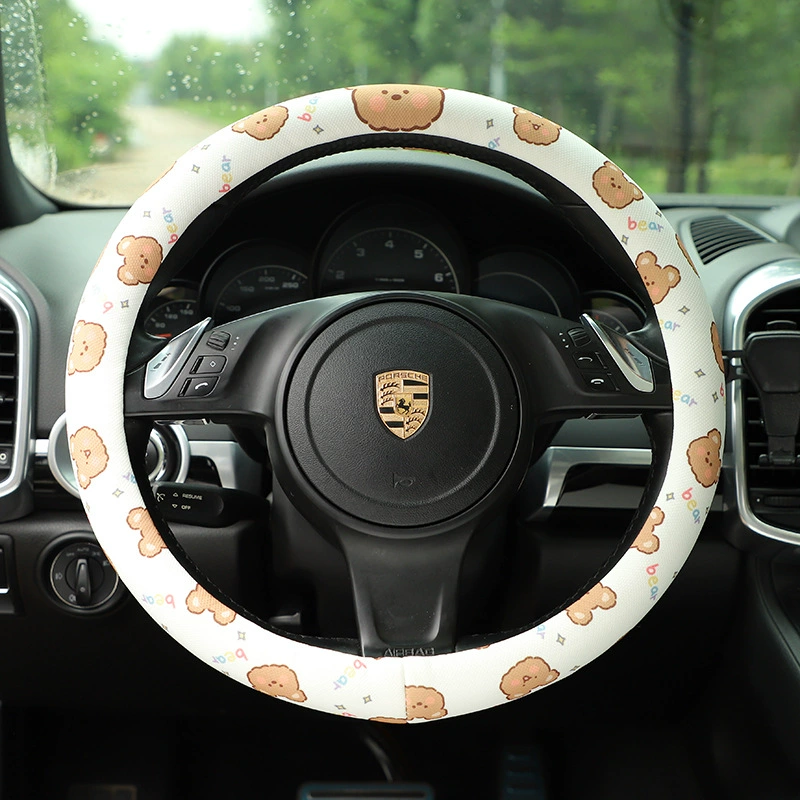 Чехол на руль автомобиля с мультяшным рисунком Ice Silk, нескользящий чехол на ручку рулевого колеса с медведем, Летний чехол на руль автомобиля
