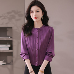 2025新款女装显瘦百褶单排扣纯色长袖真丝衬衫女春秋缎面气质开衫