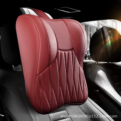 Car Lumbar Support Cushion — Headrest - burgundy-one-headrest-genuine-leather-c-style-quilted-embroidery-upgraded-3d-full-support