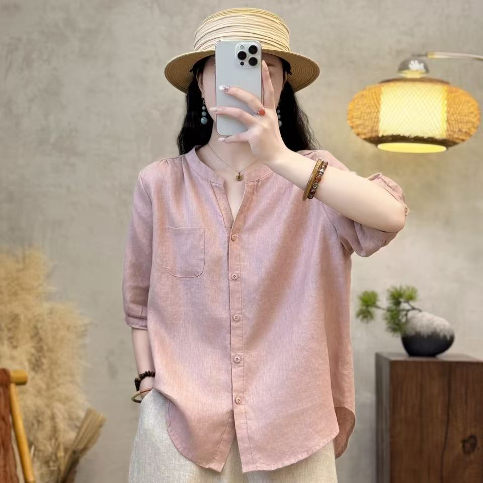 Solid Color Linen Short-Sleeved Clean Shirt Single-Breasted Slimming Shirt Summer New Loose and Versatile Cardigan for Women