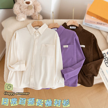 儿童衬衫春秋韩系新款男女童纯色条纹灯芯绒衬衣宝宝休闲宽松外套