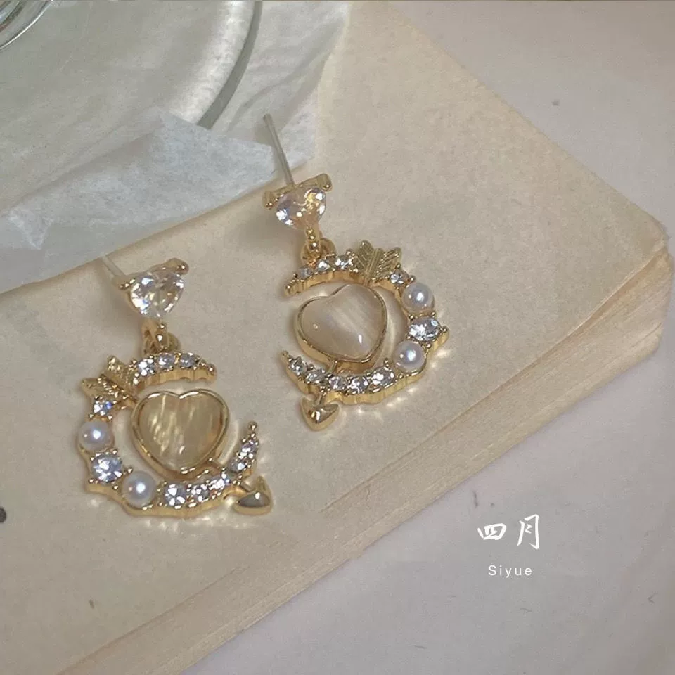 Серьги, цирконий, клипсы для ушей, корейский стиль, шампанское, кошачий глаз