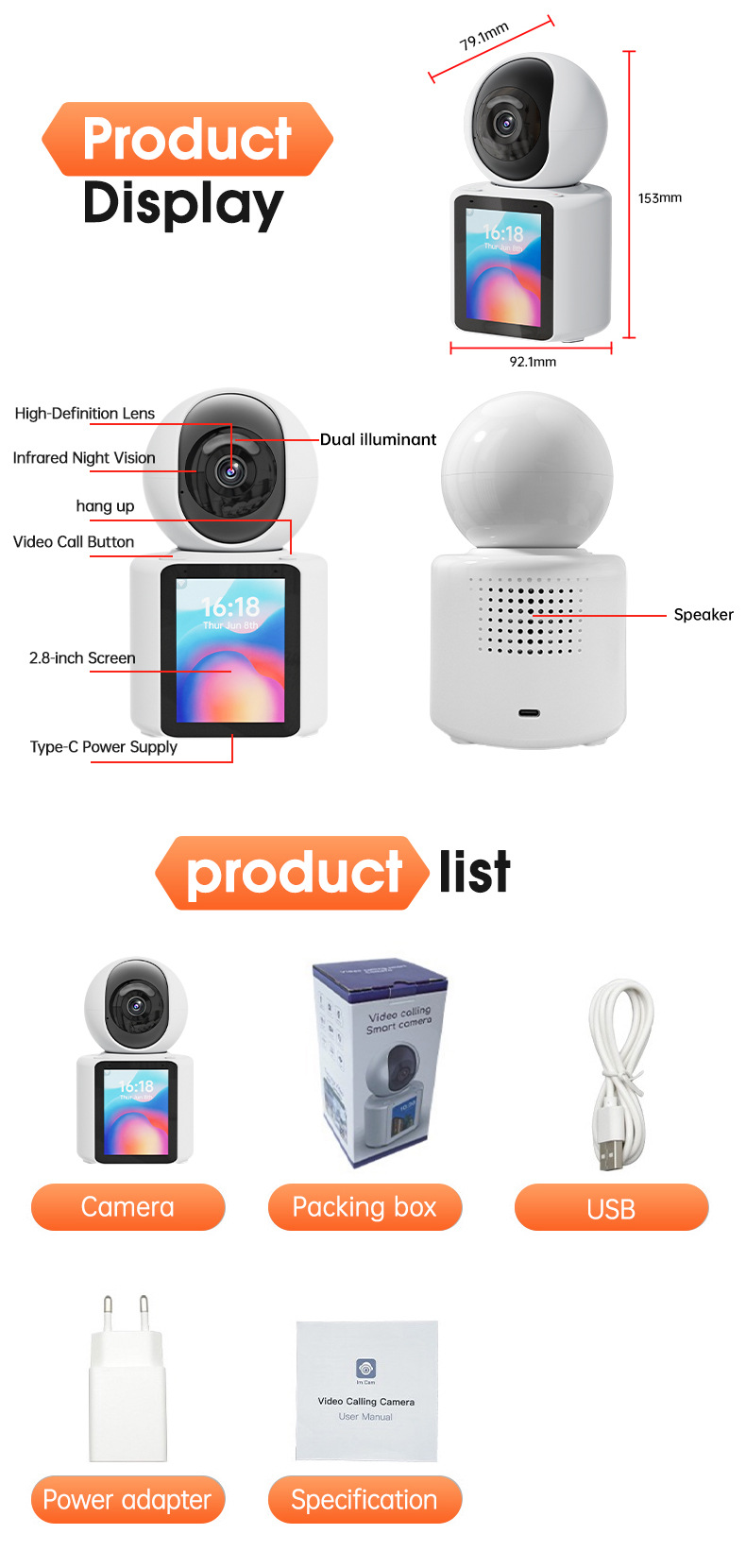 Video Surveillance Camera One-Click Call Two-Way Communication Home Elderly Child Care Monitor_voghion.com