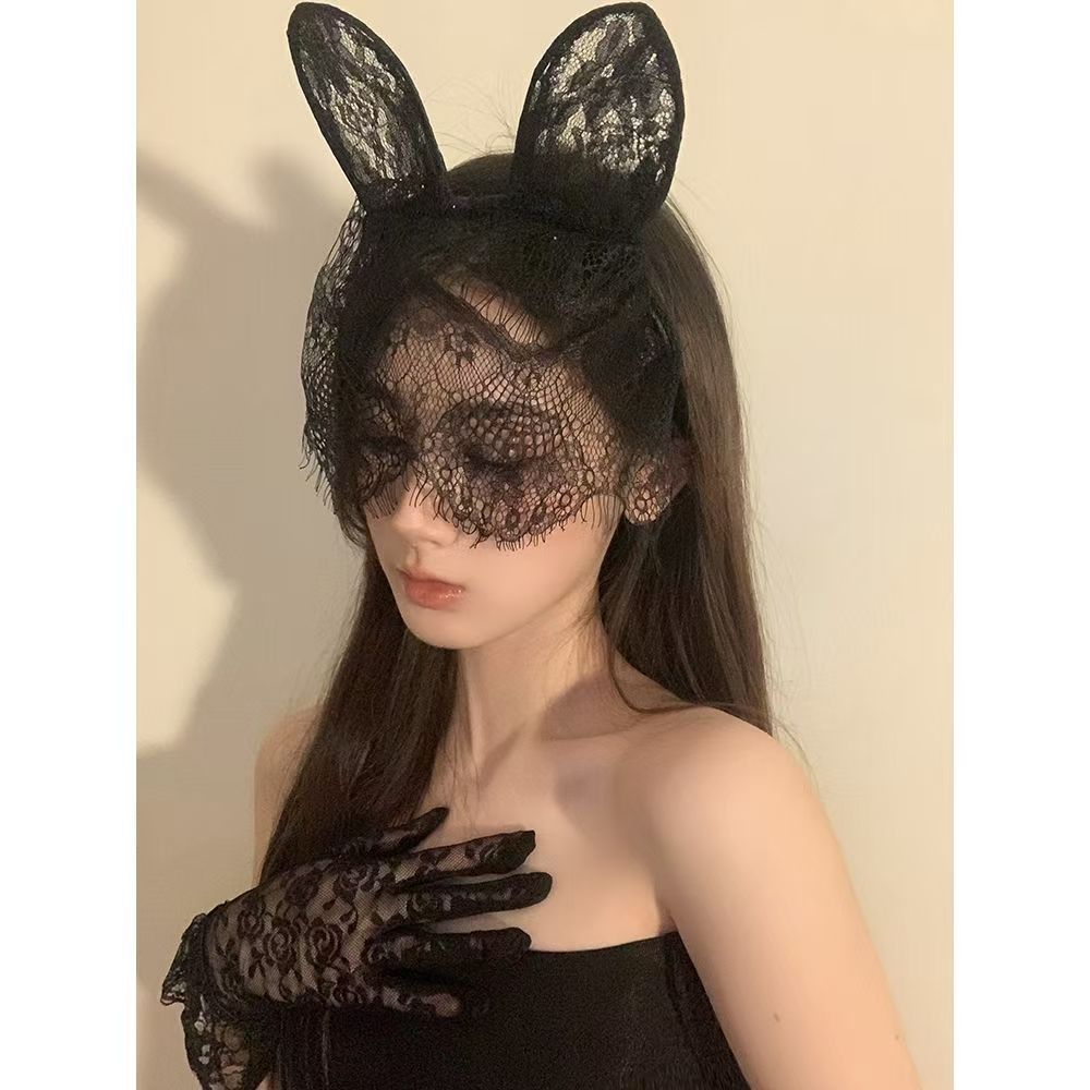 蕾丝性感兔耳朵发箍禁欲系半遮面眼罩遮脸网纱万圣节头饰发饰女