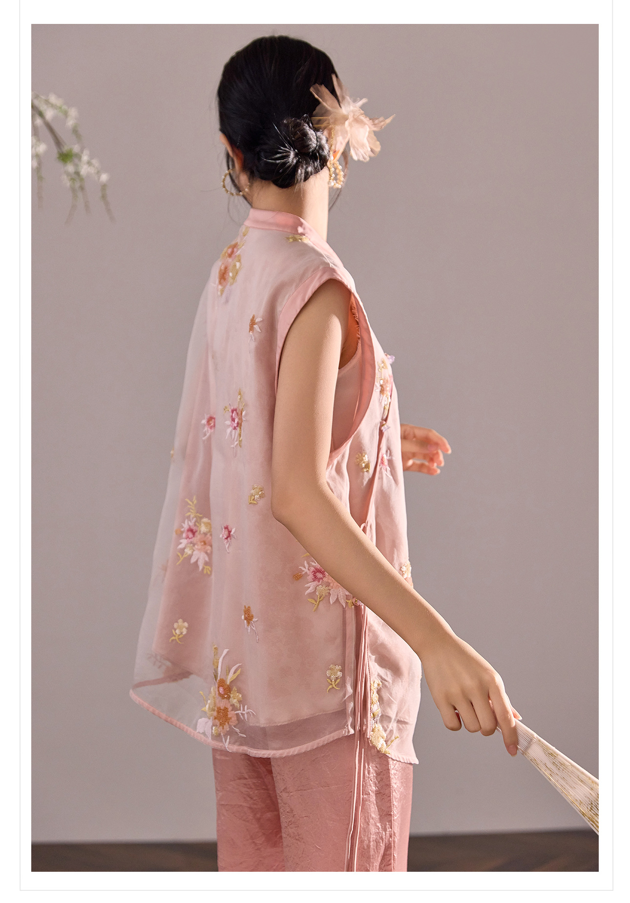 Áo vest lụa tằm thêu hoa phong cách Trung Quốc mới, thiết kế mỏng mùa hè M4007B — màu hồng chi tiết 15