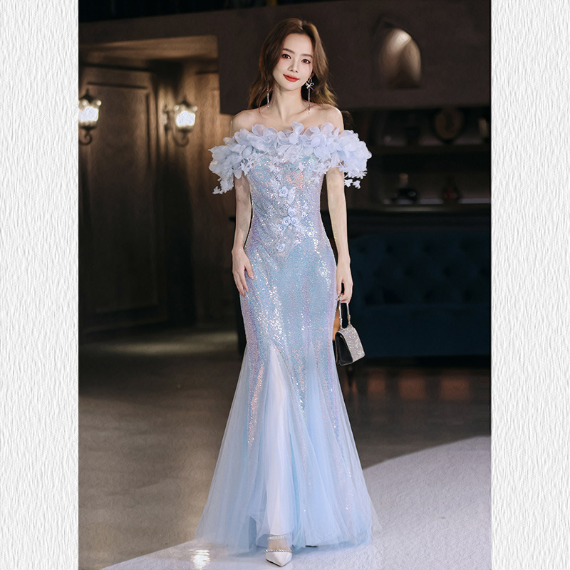 Vestido de noche sirena 2025, hombros descubiertos, alta gama, lujo ligero, nicho, personalizado, de alta clase, para anfitriona, con lentejuelas, para reunión anual, cena, fiesta, brillante
