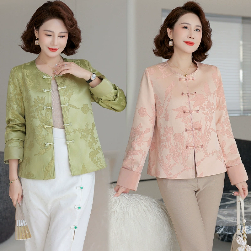 Одежда для мам, весна и осень 2025, куртки для женщин среднего и пожилого возраста, новая весенняя и осенняя одежда, свободные топы и куртки с круглым вырезом.