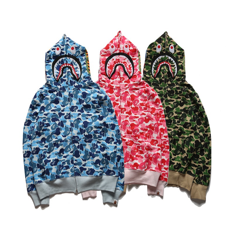 Foreign trade cross-border Amazon wholesale Japanese fashion brand bape shark head camouflage background hooded cardigan fleece jacket