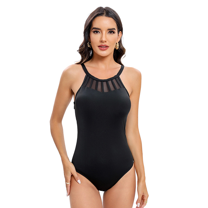 Traje de baño sexy de estilo europeo y americano 2024 para mujer, traje de baño de una pieza ajustado de malla con control de abdomen y efecto adelgazante.