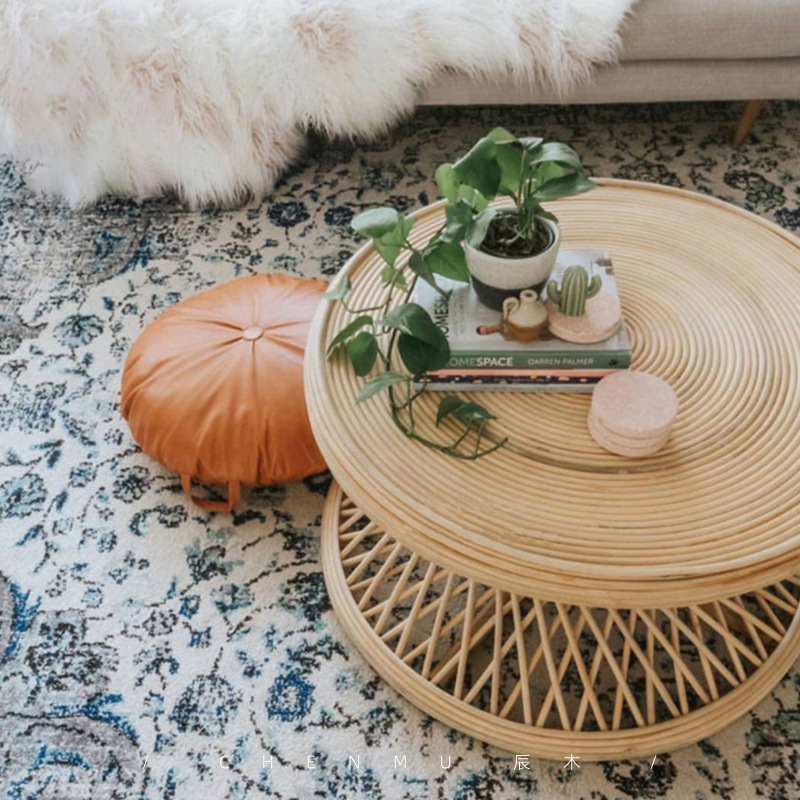 Ins verdadera mesa de té redonda de caña retro del sudeste asiático pequeña mesa redonda de estilo natural simple alojamiento de caña real redonda de caña varias casas pequeñas