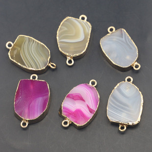Aliexpress Amazon Popular Natural Stone Stripesd Agate Slice Pendant Gold Connector DIY Jewelry Accessories