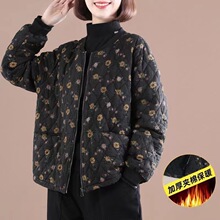 2025秋冬复古大码夹棉加厚棉衣外套女中老年人妈妈装碎花棉袄