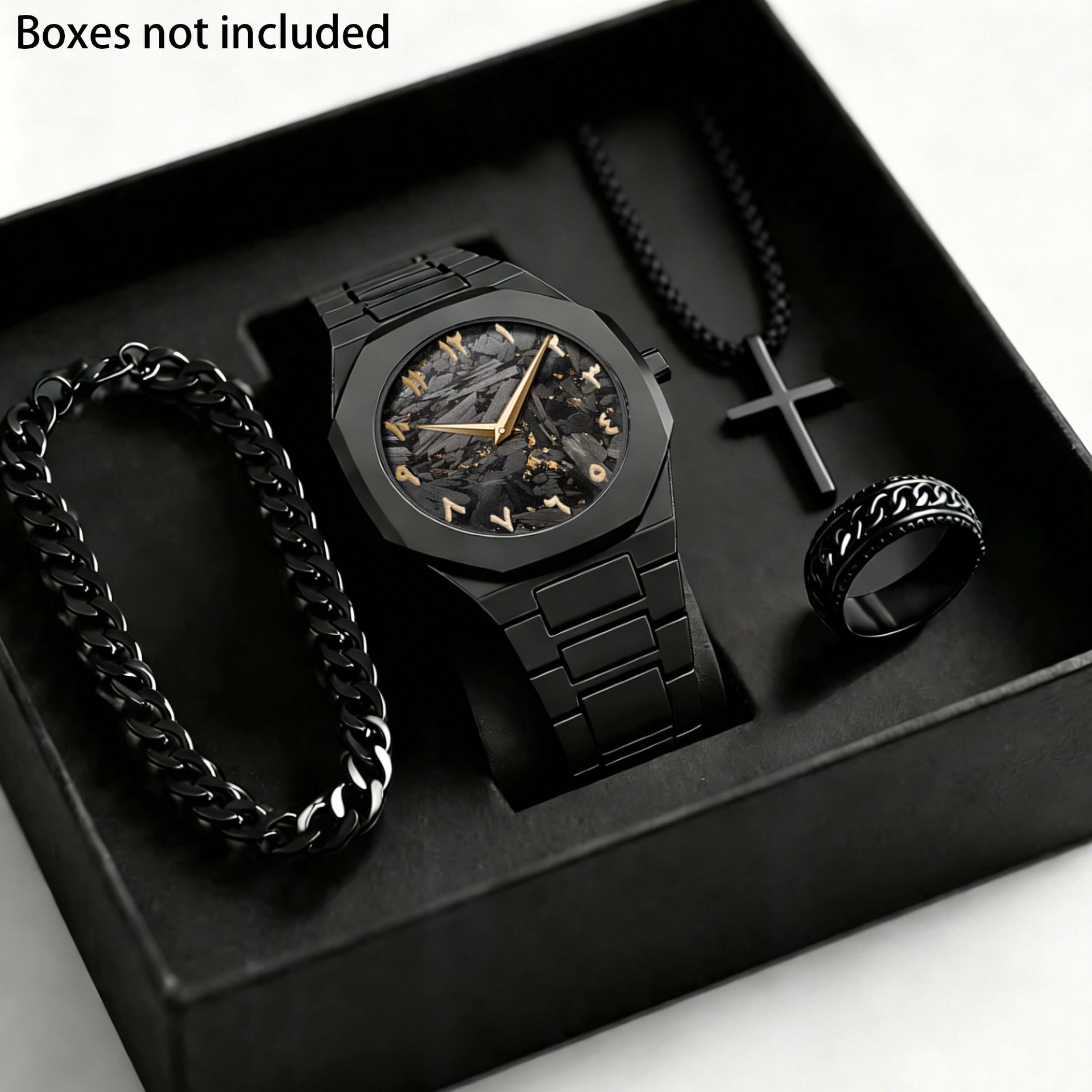 Transfronterizo explosión de moda de Oriente Medio relojes de cuarzo de moda de hombre relojes de pulsera negros anillo collar conjunto caja de regalo image 5