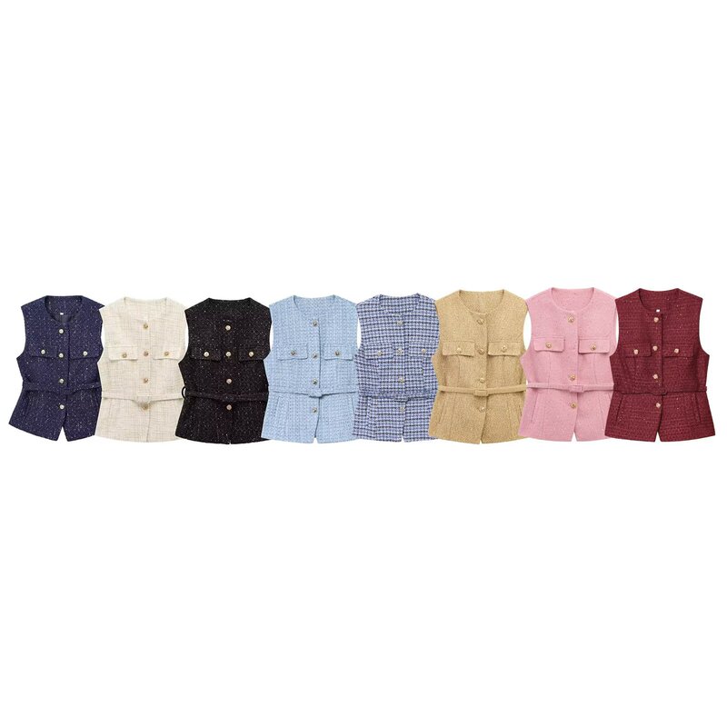 Spring and Autumn New Women's Clothing European and American Style French Design with Belt Bead Trim Pattern Vest Chanel Style Jacket Spring and Autumn New Women's Clothing European and American Style French Design with Belt Bead Trim Pattern Vest Chanel Style Jacket