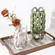 丹麦现代轻奢皮质编织纹直筒玻璃花瓶家居客厅餐厅桌面装饰花器