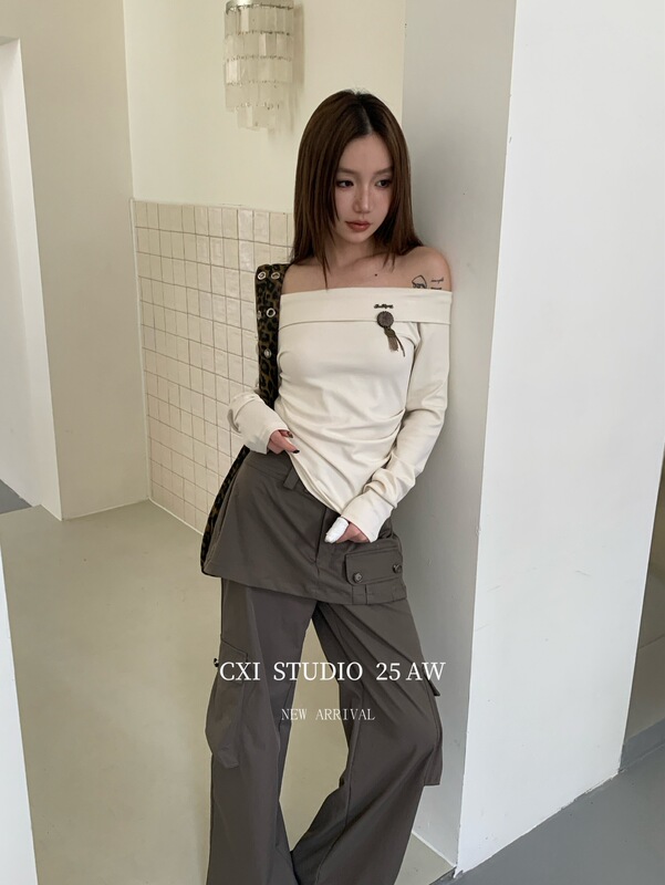 CXI 秋季温柔风韩系穿搭一字肩针织打底衫女慵懒风高级感露肩长袖|undefined