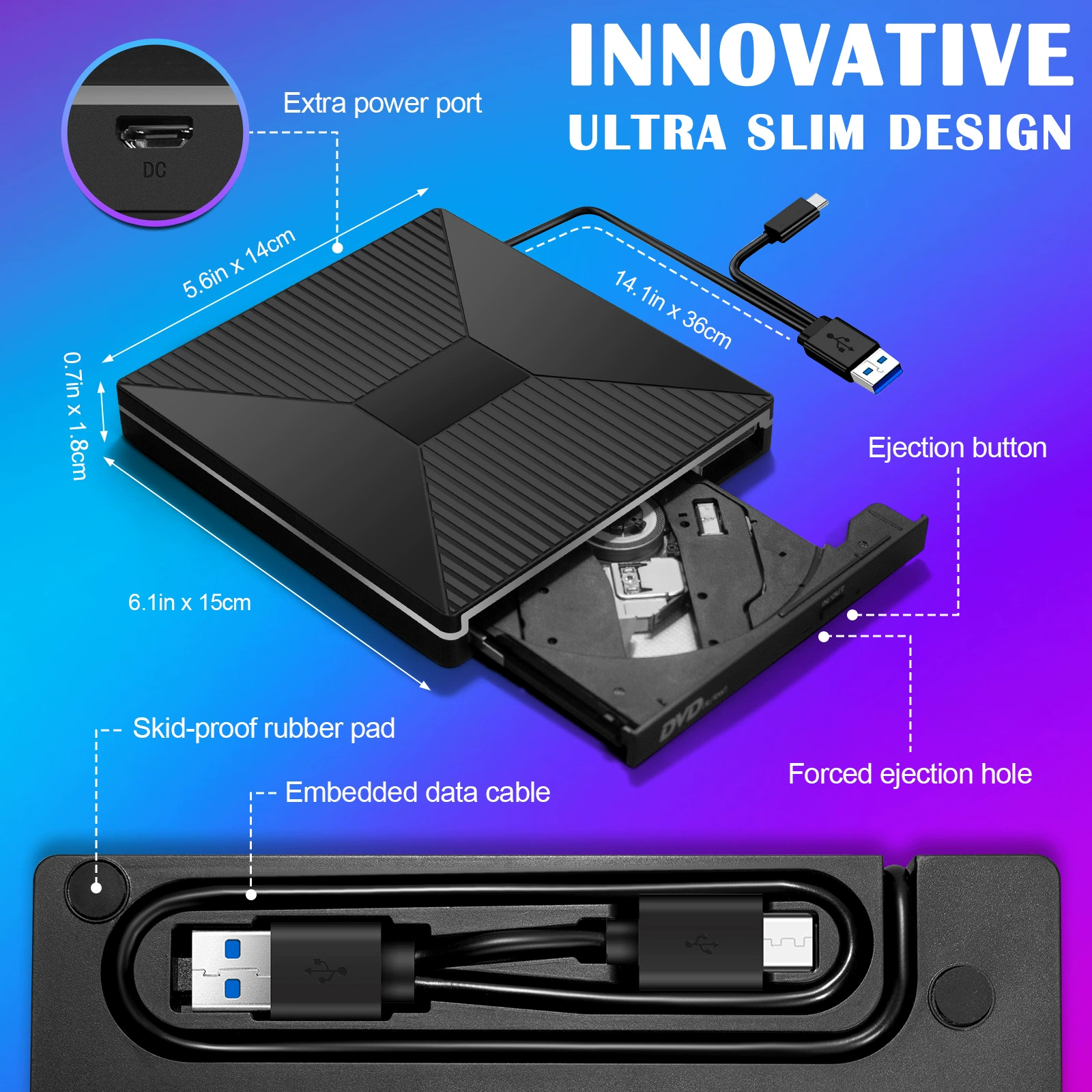 External DVD burner 2A2C, USB external optical drive, 7‑in‑1 (read or read+burn)
