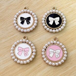 Korean style hair accessories material DIY alloy accessories round pearl bow pendant keychain drop oil alloy jewelry