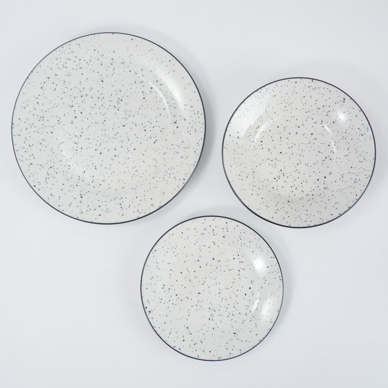 White Dot Ceramic Plate Daily Household Ceramic Plate Pasta Ceramic Tableware Black Stroke Export Wholesale