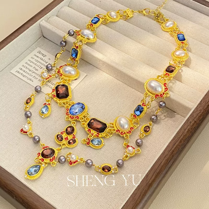 中古气质珍珠水晶闪钻流苏锁骨链汉服古风宴会彩色宝石项圈项链女
