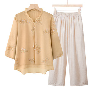 Mother's Clothing, Middle-Aged and Elderly Mothers' Summer Clothes, Chinese Style Fake Two-Piece Shirts, Grandma's Summer Shirts, Embroidered Tops for Women