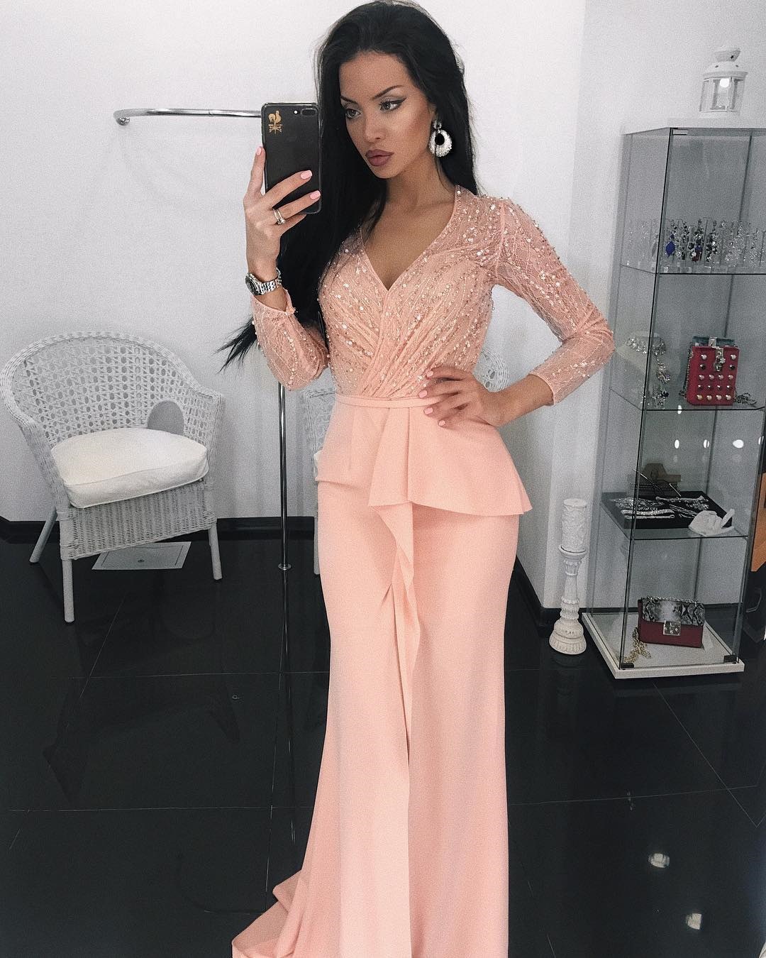 Primavera y verano nuevo lentejuelas de lentejuelas Vestido de manga larga encaje largo split sexy vaina vestido de noche