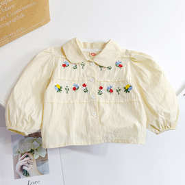 女童衬衫2025新款春秋装女宝宝韩版百搭衬衣小童洋气绣花娃娃衫潮