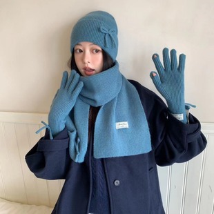 Scarf Three-Piece Set Woolen Scarf Hat Women's Popular Winter Knitted Hat Fleece-Lined Thick Warm Gloves Ear Protection Neck Scarf