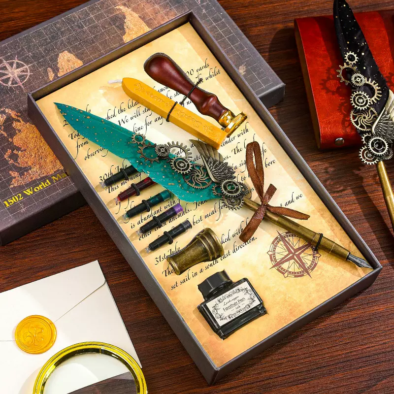 复古朋克风羽毛笔礼盒套装 蒸汽朋克墨囊钢笔5色墨囊钢笔礼盒套装