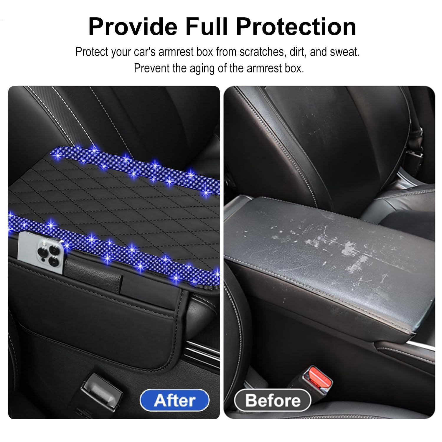 Car Shiny Crystal Armrest Box Mat Center Console Cover Leather Cover Pad Storage Bag Universal Protective Pad Arm Storage