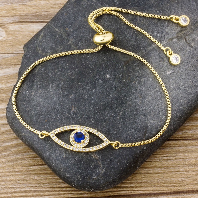 Copper Plated 18k Gold Lucky Amulet Evil Eye Charm Bracelet Evil Eye Eye Full Diamond Adjustable