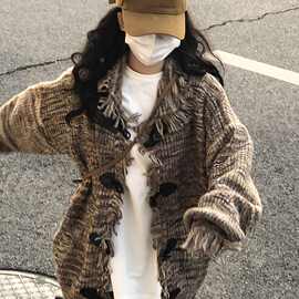 美式复古街头牛角扣开衫毛衣外套女春秋新款宽松设计感百搭针织潮