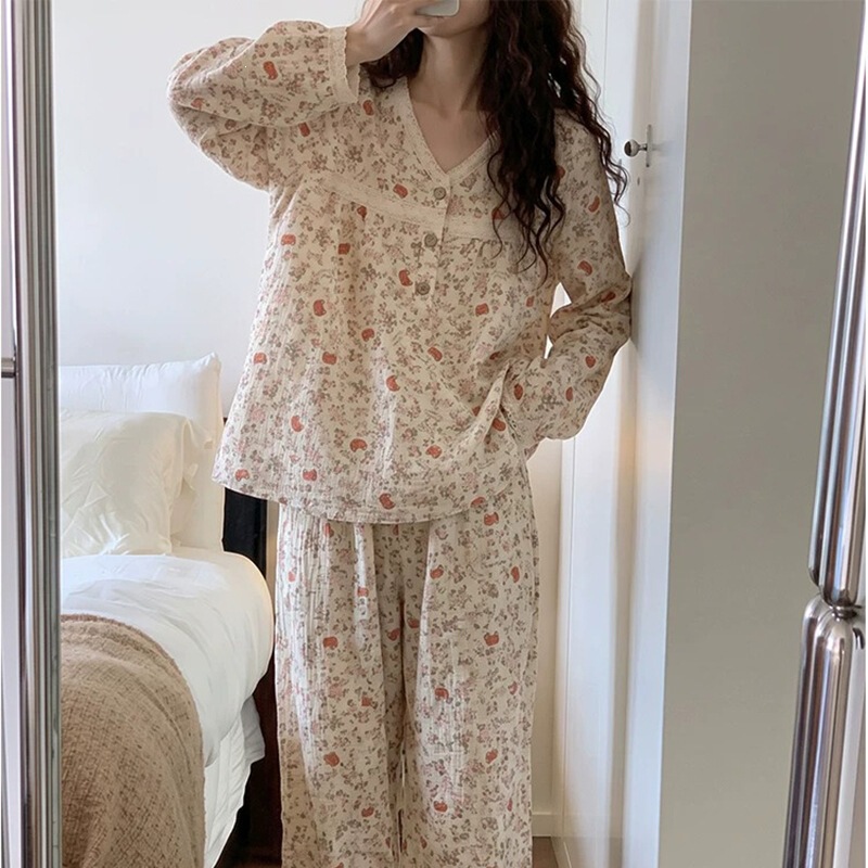 【Naptime Woodpecker】Spring and Autumn Long-Sleeve Cloud Cotton Pajamas for Women, Sweet and Gentle Style, Floral Lace, Girl's Cardigan Set 【Naptime Woodpecker】Spring and Autumn Long-Sleeve Cloud Cotton Pajamas for Women, Sweet and Gentle Style, Floral Lace, Girl's Cardigan Set