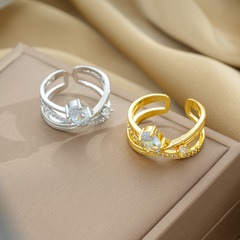 Minimalist luxury design high-end stackable ring with micro-set zirconia, cool-toned fashionable versatile finger ring with open finger band