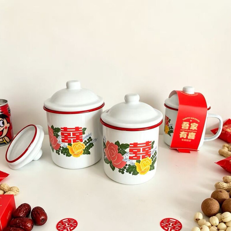 Enamel Mug, Wedding Candy Cup, Wedding Candy Box, Red-Edged Floral Enamel Cup, Tea Jar, Retro Double Happiness Enamel Cup Enamel Mug, Wedding Candy Cup, Wedding Candy Box, Red-Edged Floral Enamel Cup, Tea Jar, Retro Double Happiness Enamel Cup