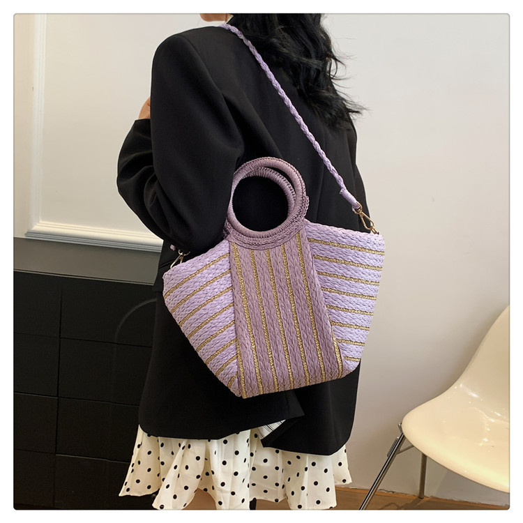 Femmes Moyen En Tissu Bloc De Couleur Bande Vacances Plage Tisser Fermeture Éclair Sac De Paille display picture 28