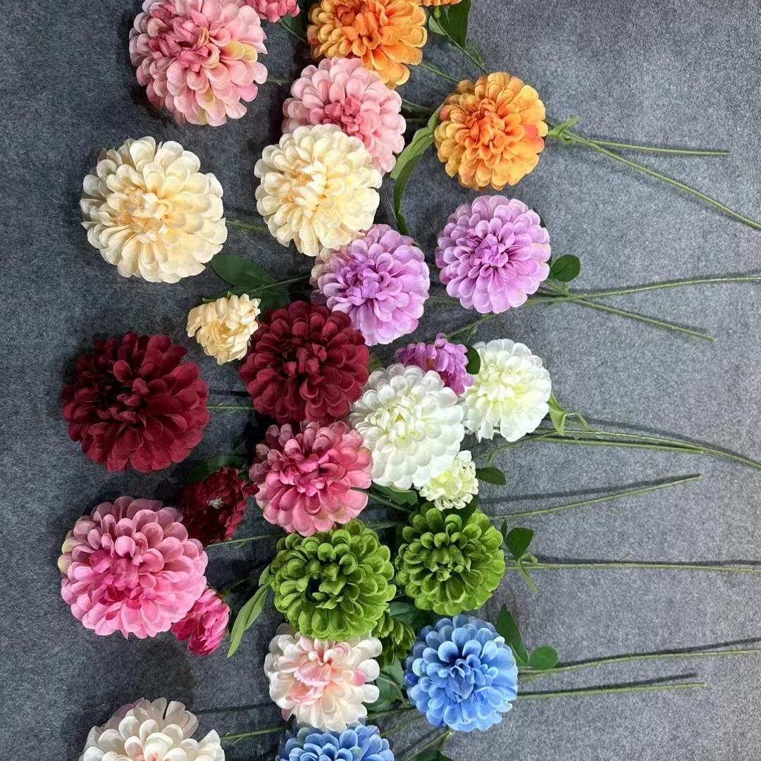 Simulation Three-headed Dark Fragrance Dahlia Wedding Decoration Flower Material Wedding Hall Road Lead Flower Arrangement Landscape Decoration Silk Flower