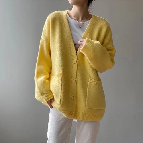 Women's Sweater Coat Outerwear Spring and Autumn Korean Style Loose Casual Lazy Style Solid Color Knitted Cardigan