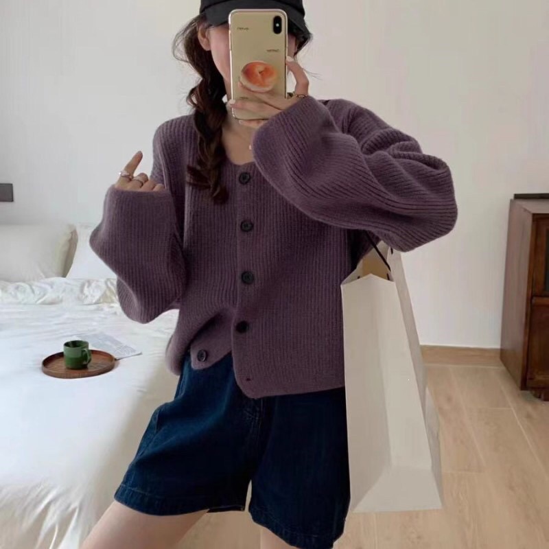 Demi-season short solid color cardigan with a round collar