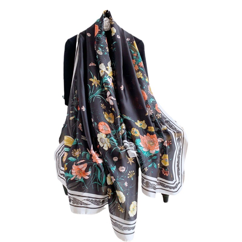 Bufanda Francesa de Nuevo Estilo 2024, Chal Decorativo, Imitación de Seda Estampada, Versátil, Elegante, Bufanda Dulce, Prenda Exterior de Gasa para Mujer