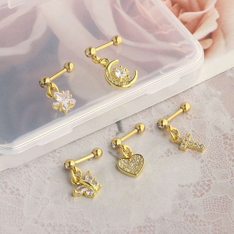 Titanium Steel Micro-Inlaid Zircon Crown Star Ear Nail Screw Ball Earrings - European American Piercing Jewelry detail image 9
