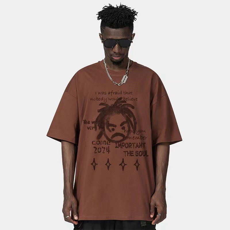 Spring and summer new loose oversize short-sleeved T-shirt men's American hip-hop style round neck trendy brand ins versatile bottoming shirt_viptrois.com