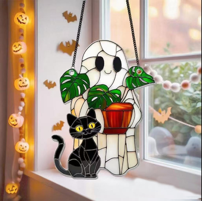 Nuevos productos transfronterizos de Halloween Gatos fantasmas atrapadores de sol pequeños fantasmas 2D plano acrílico colgante de atmósfera de vacaciones