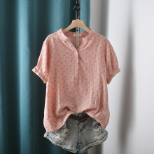 韩版双层棉纱印花半开V领短袖衬衫女新款休闲宽松上衣批发