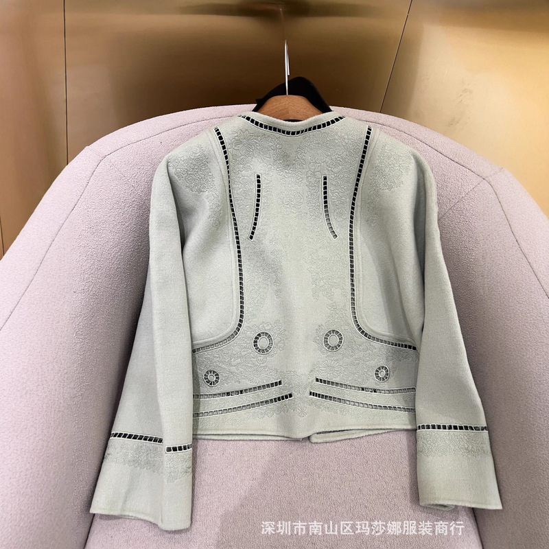 欧洲站2025秋冬新款刺绣镂空圆领重工羊绒中长羊毛呢大衣外套女|undefined