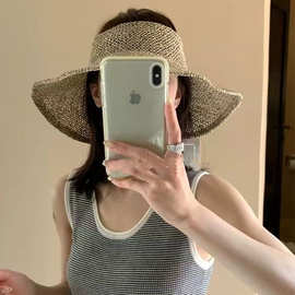 可折叠夏天粗麻便携草编空顶帽韩系卷边大檐遮阳草帽海边度假帽子